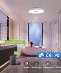 Smart Waterproof LED Flush Mount Ceiling Light With Bluetooth Speaker, 11 Inch 18W RGB, in a modern bathroom setting.