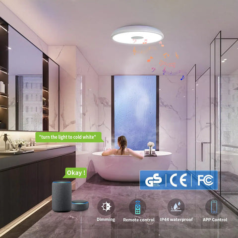 Smart Waterproof LED Flush Mount Ceiling Light With Bluetooth Speaker, 11 Inch 18W RGB, in a modern bathroom setting.