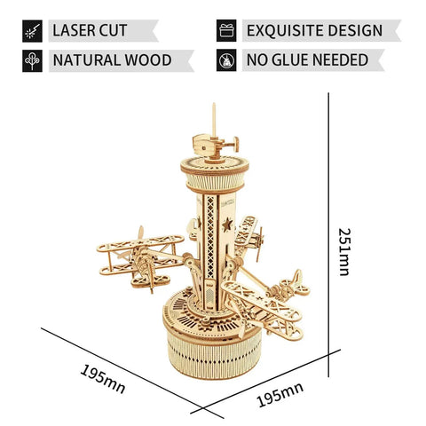3D Wooden Puzzle Mechanical Music Box Aircraft Model Kit for DIY Builders with exposed gears and classic design, 251mm tall.