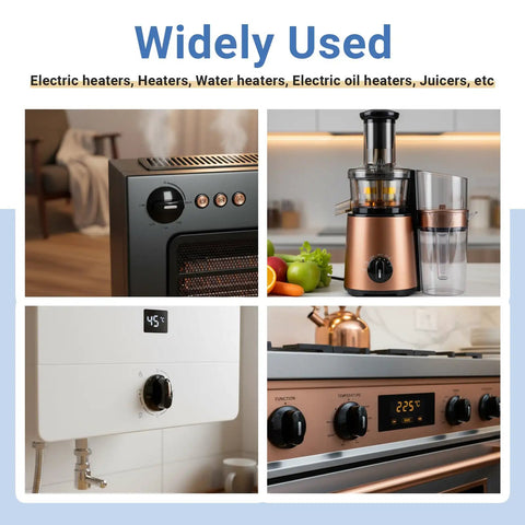 Appliance collage showing heaters, juicer, and oven, demonstrating the use of Two Pack Four Position Rotary Switch With Knob For Heaters And Fans