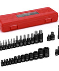 32 Piece Torx Bit Socket Set With Female External Sockets, 14 Star Bits T8 To T70 And 13 E-Torx Sockets E4 To E24 with red case