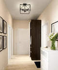 Wesson Semi-Flush Mount Light In Black With Open Geometric Square-Tube Cage, Exposed Sockets, in modern hallway setting