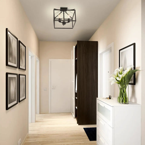 Wesson Semi-Flush Mount Light In Black With Open Geometric Square-Tube Cage, Exposed Sockets, in modern hallway setting