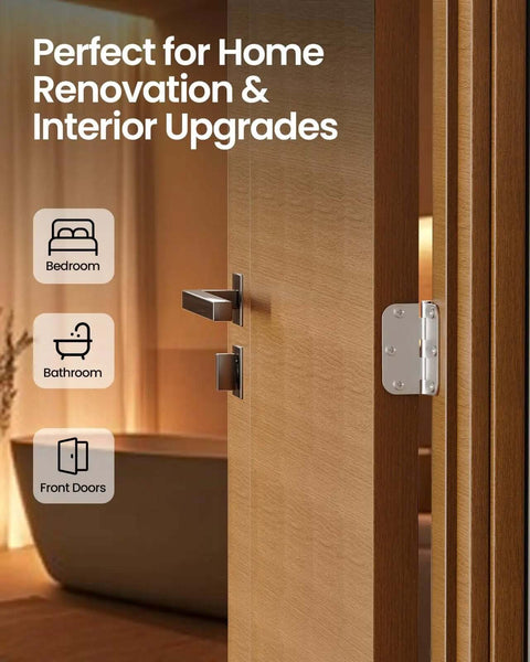 12 Pack Brushed Nickel Door Hinges 3.5 Inch Rounded With 5/8 Radius installed on a wooden interior door, perfect for home upgrades.