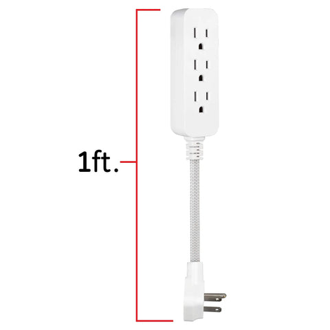 1ft 5 Pack 3 Outlet Power Strip With Surge Protection Grounded Flat Plug 6 Inch Designer Braided Cord White Gray Chevron UL Listed