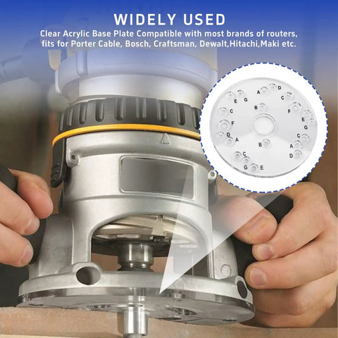 No Hassle Clear Acrylic Router Base Plate Upgrade With Letter Marked Holes For Template Guides Heavy Duty Mounting fits Bosch Craftsman DeWalt.