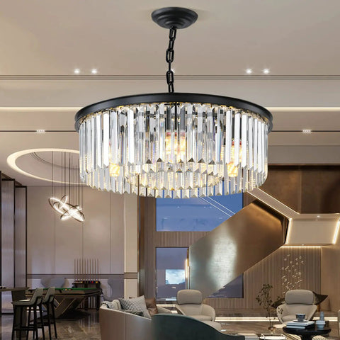Black Modern Crystal Chandelier Dope Two Tier Round Flush Mount Pendant Light For Dining Room Living Room Kitchen Island
