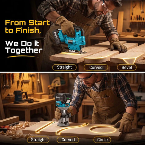 Cordless Jigsaw And Wood Router Kit For Precise Cuts And Edge Shaping With A Brushless Router, Dual 4.0Ah Batteries, Quick Setup, Smooth Finish, All In One Woodworking Power Pack used on wood boards for straight, curved, and bevel cuts