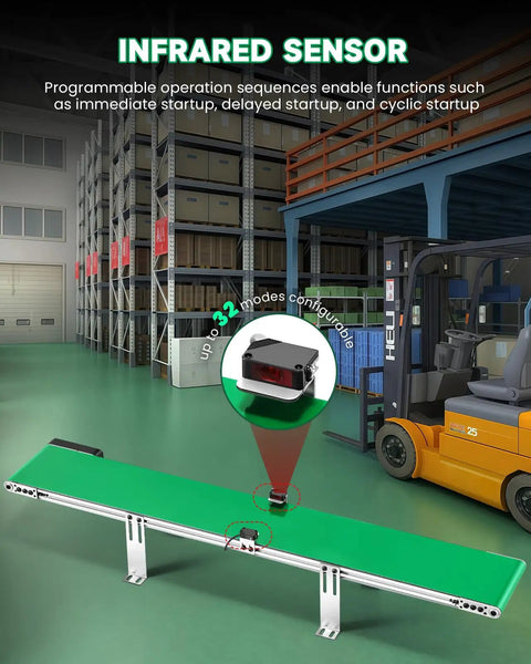 39 Inch Belt Conveyor With Sensor And Variable Speed in warehouse, highlighted sensor, part of Desktop PVC Conveyor For Packaging Line.