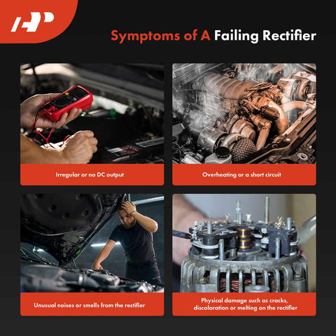 Diagnosing symptoms of a failing alternator rectifier with images of testing, engine overheating, and damaged components.