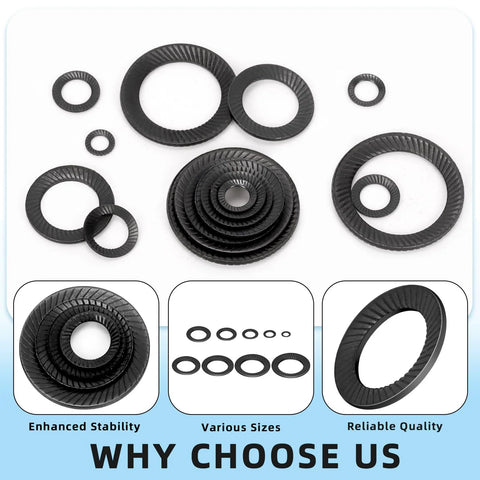 Glarks 160pcs set of M3–M16 conical knurled washers in 65Mn steel; includes Belleville and wedge-locking types