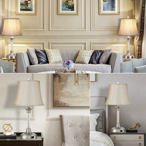 Set Of 2 Silver Touch-Activated Bedside Lamps with dual USB ports and 3-way dimmable lighting on living room and bedroom tables