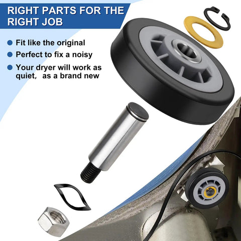 Dryer Drum Roller Kit With Durable Belt And Idler Pulley For Maytag Dryers Beefed Up WP33002535 components shown