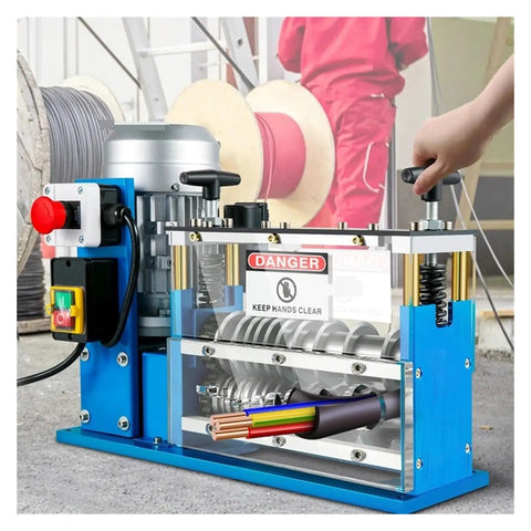 Fully Automatic Wire Stripper Heavy Duty Scrap Copper Cable Machine showing controls, wiring feed, and vibrant copper cable ready for recycling.