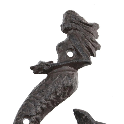 Hella Sturdy Mermaid Cast Iron Hooks, detailed view of rustic black mermaid design for wall plant hangers.