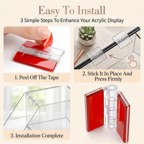 3-step installation guide for 8 Pack Clear Acrylic Self Adhesive Hinges 45x35mm for aquarium lids and display cases, no tools needed