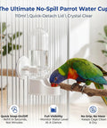 Hassle Free Automatic Bird Water Dispenser With Hanging Cage Mount For Parakeets Plus Small Flocks Featuring Leak Proof Self Refilling Trough And Zero Drama Leak Control In White Two Pack, 110ml capacity with parrot using it.