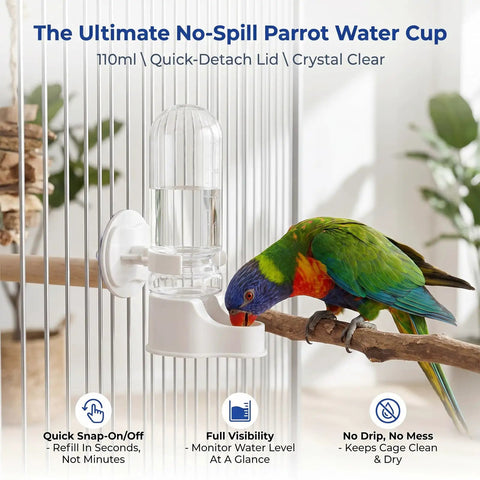 Hassle Free Automatic Bird Water Dispenser With Hanging Cage Mount For Parakeets Plus Small Flocks Featuring Leak Proof Self Refilling Trough And Zero Drama Leak Control In White Two Pack, 110ml capacity with parrot using it.