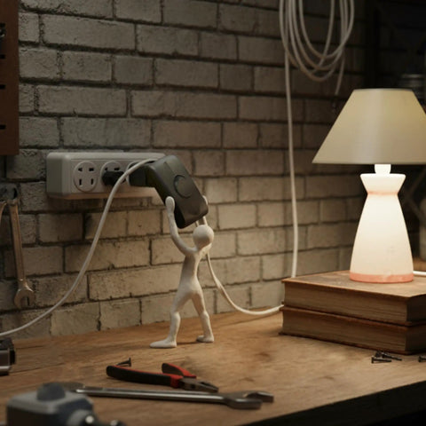 Workspace with lamp connected to a power strip using Two Pack Black Thumb Control Inline Power Button Switches For Lamps And Small Devices