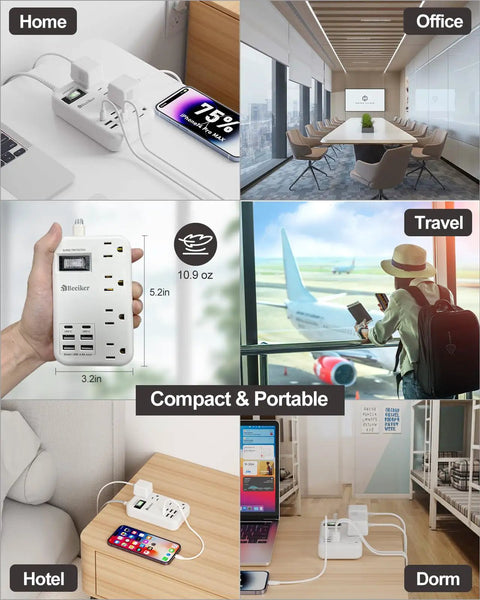 6 USB Travel Power Strip Surge Protector 4 AC Outlets 5 Ft Extension Cord Fast Charging Hub in various settings like home, office, and travel.