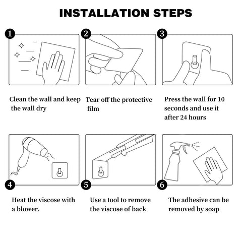 Installation steps for Matte Black Adhesive Wall Hooks 2 Pack Heavy Duty Stick On Hooks No Drilling Needed Damage Free Install.