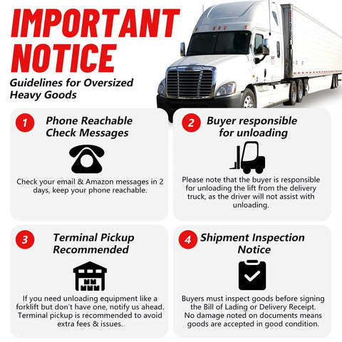 Important notice for oversized heavy goods delivery guidelines with delivery truck and unloading instructions.