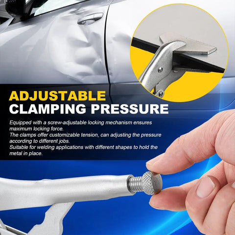 Heavy Duty Locking Sheet Metal Clamp Set Two Pack With Adjustable Opening Nickel Plated Pliers for Welding and Auto Body Work demonstration.