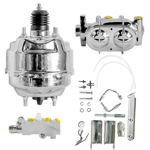 9 Inch Dual Diaphragm Chrome Power Brake Booster Paired With 1 1 8 Bore Master Cylinder And PV4 Disc Drum Proportioning Valve for Chevy Corvette 1968 to 1982 components.