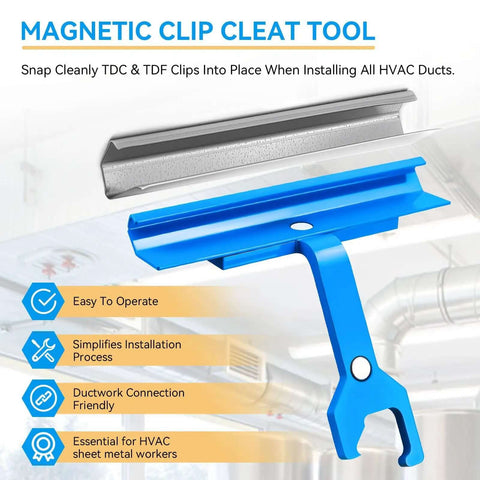 4 Inch Clip Cleat Tool For HVAC Ductwork Quick Install In Tight Spaces with magnetic clip for TDC TDF clamps, blue metal tool