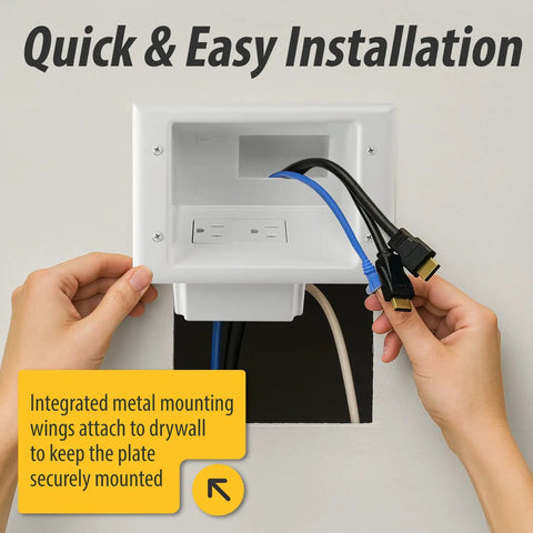 Recessed Low Voltage Cable Plate With Built In Duplex Receptacle Outlet No Fuss Easy Install Tamper Resistant Safe Power Kit in use