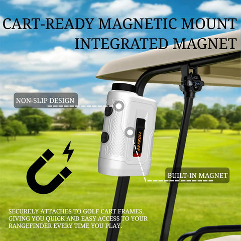 Ready To Roll Golf Rangefinder With Slope Compensation And Pin Lock Vibration Hits 650 Yard Mark Magnetic Mount Crisp Flag Seeks Smooth Tracking For Tight Fairways And Backcountry Scoping Runs