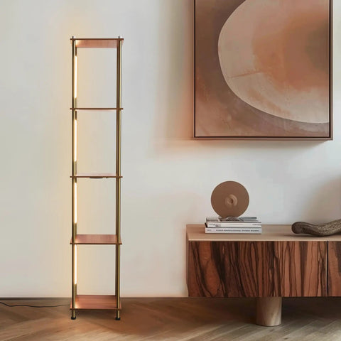 Gold Brass Floor Lamp With Wooden Shelf And Built In Wireless Charging Station Narrow Free Standing LED Column Tower