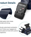 Two Pack Navy Blue Luggage Straps With TSA Lock Heavy Duty Adjustable Cross Travel Belt Anti Theft Suitcase Straps TSA Approved Name Tag Window Durable Travel Gear showing nylon strap and combination lock details