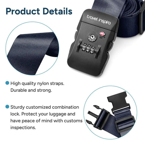 Two Pack Navy Blue Luggage Straps With TSA Lock Heavy Duty Adjustable Cross Travel Belt Anti Theft Suitcase Straps TSA Approved Name Tag Window Durable Travel Gear showing nylon strap and combination lock details