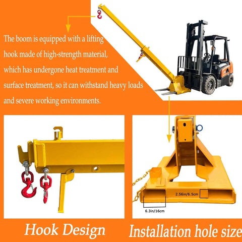 Built Like A Tank 6600 Lb Forklift Telescopic Jib Boom With Zero To Seventy Five Degree Adjustable Tilt, showcasing hook design and installation size.