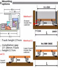 Soft Close Undermount Drawer Slides 8 To 30 Inch Full Extension With Lock, Heavy Duty 60Kg Capacity, Nearly Invisible Rails For Smooth Quiet Operation, Ideal For Cabinets And Pianos And Other Furniture Upgrades. mounting diagram with 27mm track height and cabinet installation gaps
