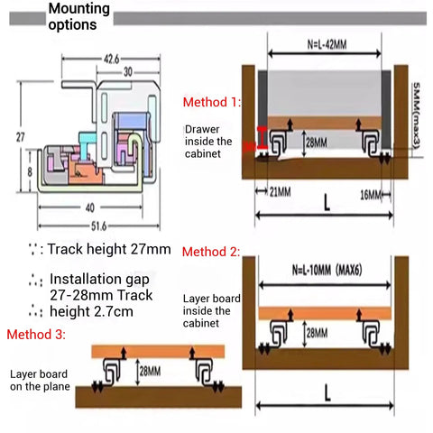 Soft Close Undermount Drawer Slides 8 To 30 Inch Full Extension With Lock, Heavy Duty 60Kg Capacity, Nearly Invisible Rails For Smooth Quiet Operation, Ideal For Cabinets And Pianos And Other Furniture Upgrades. mounting diagram with 27mm track height and cabinet installation gaps