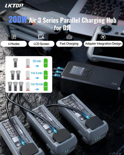200W Parallel Drone Battery Charger Hub For DJI Air 3 And Air 3S Fast 3 Battery Charge In About 1 Hour 10 Minutes LCD Display