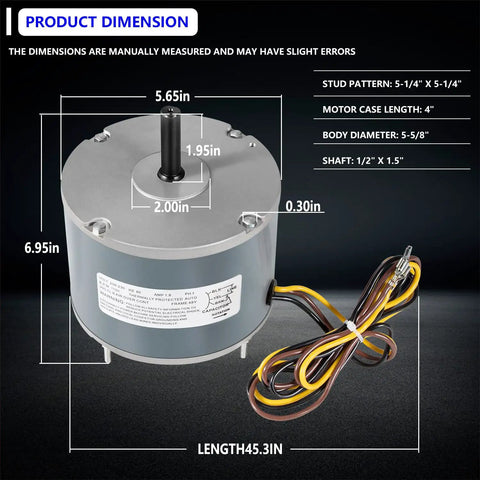 Quarter HP Condenser Fan Motor Replacement For 48 Frame Condenser Units 208 230V 1100 RPM with dimensions and wires visible