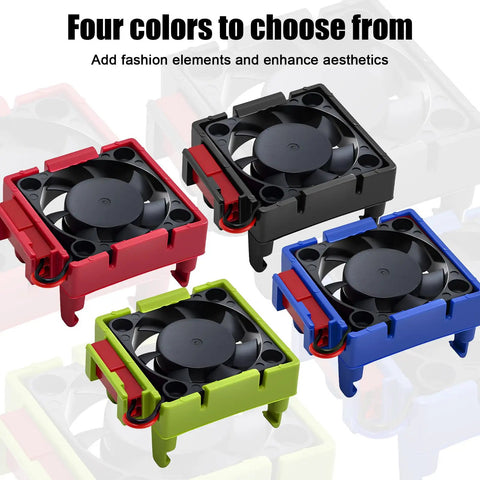 Traxxas Compatible RC ESC Cooling Fan And Heat Sink With 28000 RPM Airflow shown in four colors red, black, green, and blue.