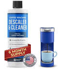 Universal Descaling Solution For Coffee Makers And Espresso Machines Made In The USA Works With Delonghi Keurig Breville Nespresso And All Automatic Brewers Powerful Mineral And Oil Deposit Cleaner Two Uses Per Bottle with USA-made badge and coffee maker