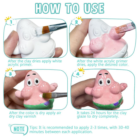 Steps of applying Air Dry Clay Varnish Ultra Gloss Sealant Prevents Cracking And Scratches on a clay figure with a brush.