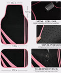 Waterproof Car Seat Covers Full Set With Anti Slip Leather Steering Wheel Cover And Floor Mats Universal Fit For SUVs Vans Trucks Sedans And Cars Women Girls Black And Pink Combo Style detailing black and pink floor mat features, size, and design.
