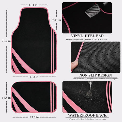 Waterproof Car Seat Covers Full Set With Anti Slip Leather Steering Wheel Cover And Floor Mats Universal Fit For SUVs Vans Trucks Sedans And Cars Women Girls Black And Pink Combo Style detailing black and pink floor mat features, size, and design.