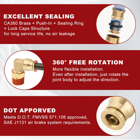 2-pack brass 1/4" push-to-connect elbow fittings, 90-degree union, DOT-approved, 1/4" NPT for air brake lines