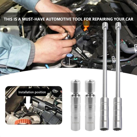 Thin Wall Extend Spark Plug Socket Set 14mm 16mm 12 Point Three Eighths Inch Drive Magnetic 360 Degree Rotation Heavy Duty Steel Removal Tool For BMW Nissan And Other Cars. Front view of automotive tool set with sockets and example installation on engine.