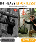 Heavy Duty Nylon Block And Tackle Pulley Set For Backcountry Game Hoisting shown in action lifting a bag effortlessly.
