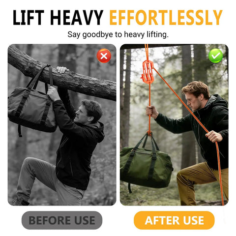 Heavy Duty Nylon Block And Tackle Pulley Set For Backcountry Game Hoisting shown in action lifting a bag effortlessly.