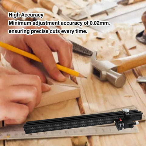 Heavy Duty Aluminum Miter Gauge For Table Saw showing precision adjustment of 0.02mm for accurate cuts on wood.