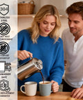 Couple using Stainless Steel French Press Coffee Maker 21 Oz Capacity Portable Camping Travel Coffee Press With Green Handle BPA Free.